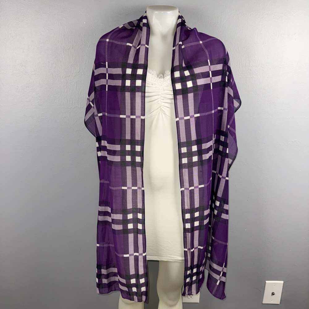 Burberry Nova Check Cotton & Silk Purple Lightweight Scarf Made in Italy  *READ